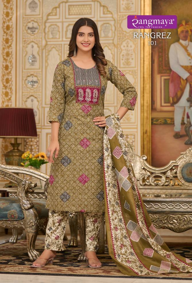 Rangrez By Rangmaya Printed Cotton Embroidery Kurti With Bottom Dupatta Wholesale Shop In Surat
